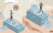 An illustration of people standing on a stack of dollar bills.