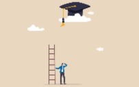 An illustration of a person trying to climb a ladder towards a graduation cap.