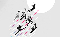An illustration of people racing towards the sky.
