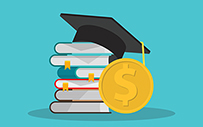 An illustration of a stack of books, a graduation hat, and a coin.