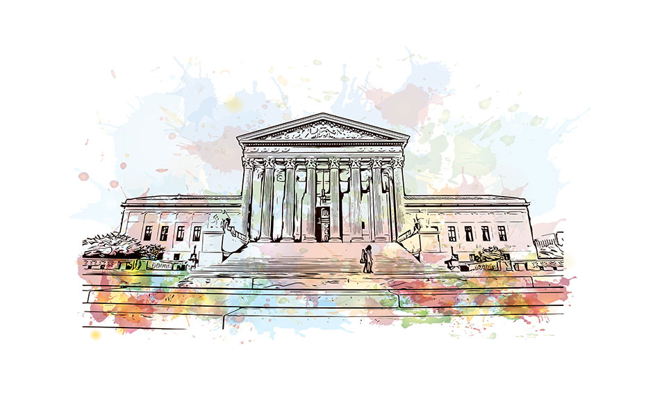 A watercolor painting of the US Supreme Court.