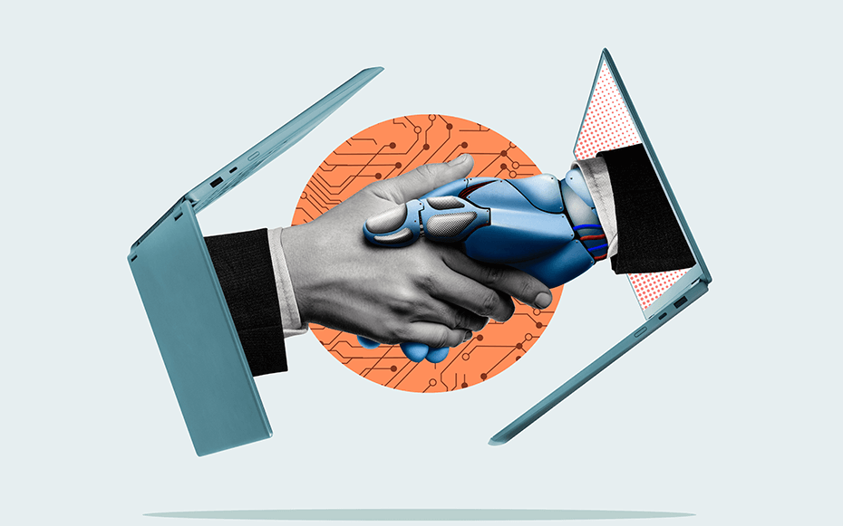 In illustration of a human hand and a robotic hand extending out two laptop screens to shake hands.