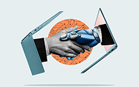 In illustration of a human hand and a robotic hand extending out two laptop screens to shake hands.