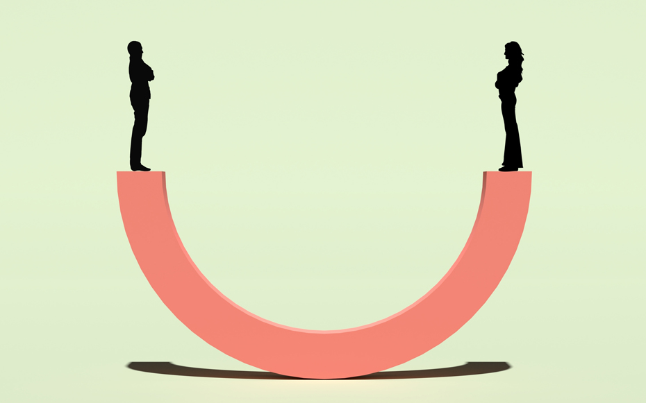 A scale with the silhouette of a man and a woman on each side.