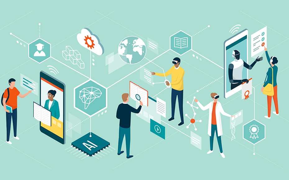 An illustration of people interacting with technology.
