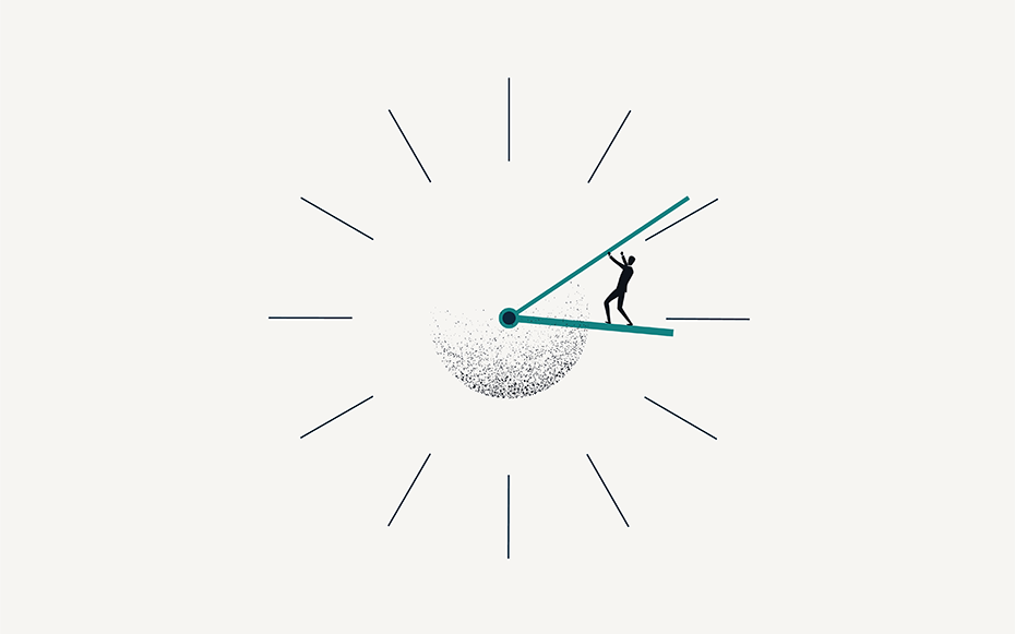 A figure standing in a clock illustration.