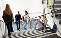 Young professionals ascend a flight of stairs.