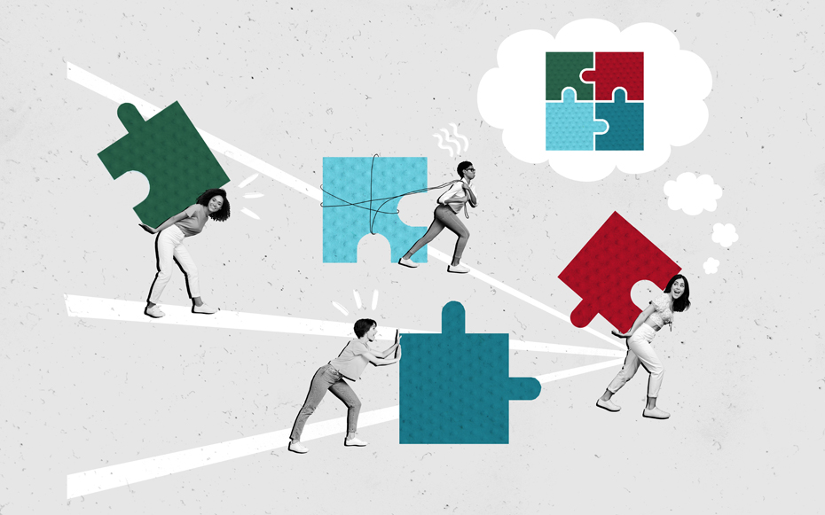 People pushing and carrying around different puzzle pieces.