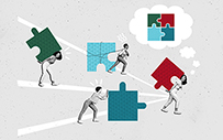 People pushing and carrying around different puzzle pieces.