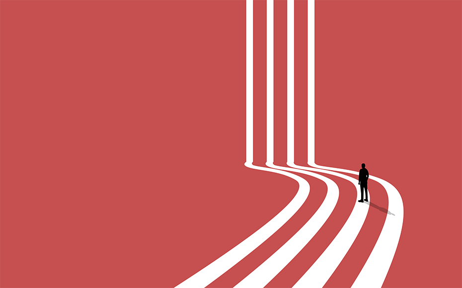 An illustration of a figure walking along different career paths.