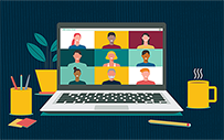 An illustration of a virtual meeting on a laptop.