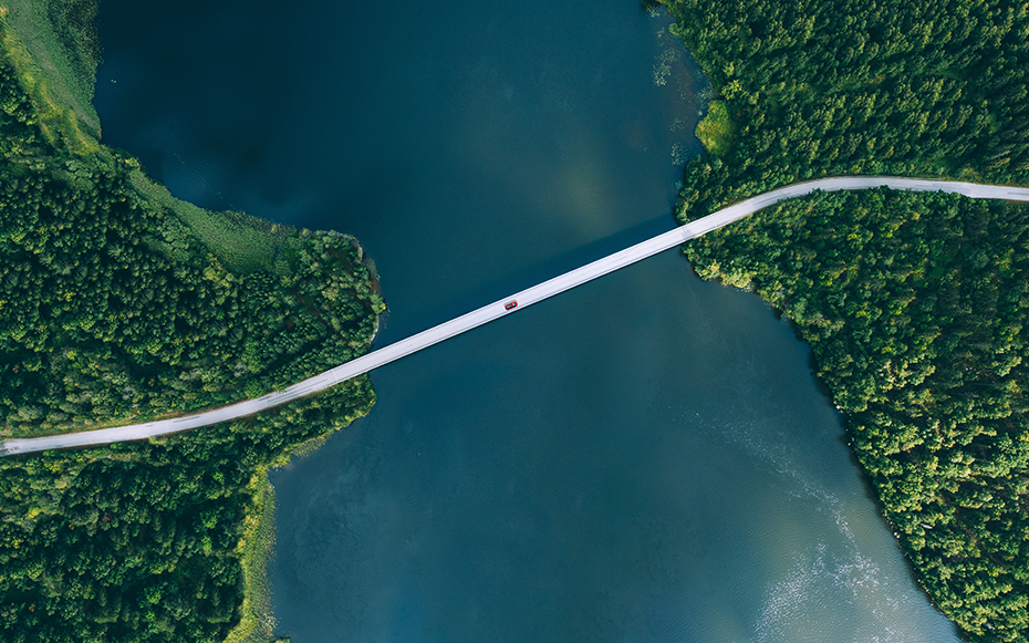 A car drives across a bridge that connects two forests.