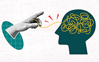 A hand unravels a string on the silhouette of a head.