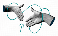 Two isolated hands go in for a handshake. An abstract line loops around them and connects them to one another.