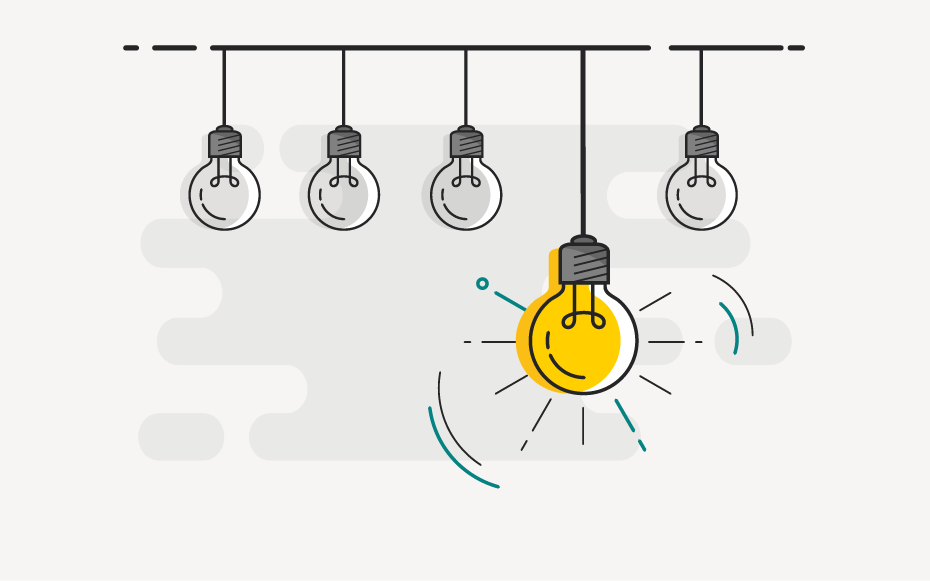An illustration of one lightbulb lit in a row of unlit lightbulbs.