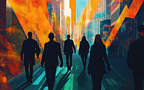 Silhouettes of people walking in a city.