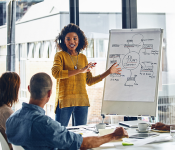 woman at chart in front of a group - group training