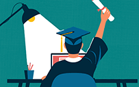 An illustration of a student at a laptop in a cap and down and holding a diploma.
