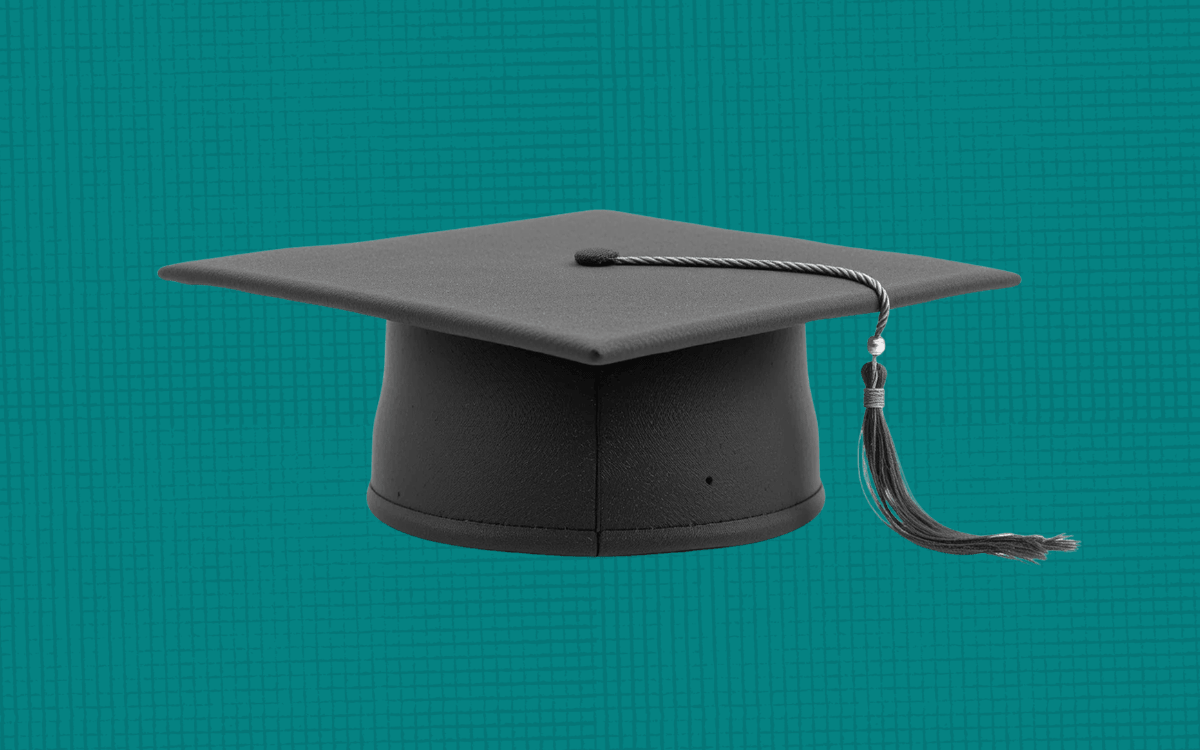 A graduation cap on a teal background.