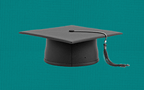 A graduation cap on a teal background.