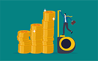 An illustration of a man measuring a stack of coins.