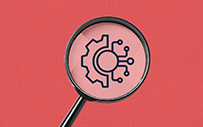 A magnifying glass with a gear illustration inside.