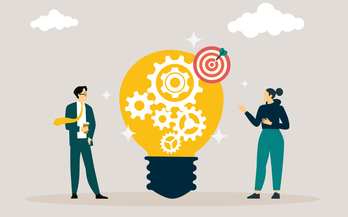 An illustration of two people looking at lightbulb that's filled with cogs and a bullseye.