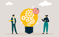 An illustration of two people looking at lightbulb that's filled with cogs and a bullseye.
