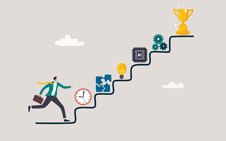 An illustration of a man ascending a staircase of skill icons.
